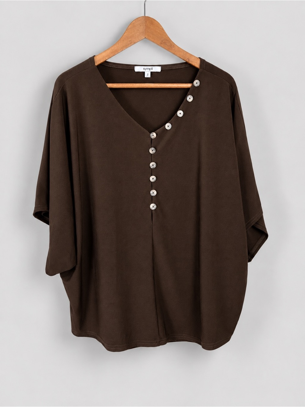 Sympli Chocolate Brown Size 12 V-Neck Dolman Sleeve Jersey Knit Top Stretch